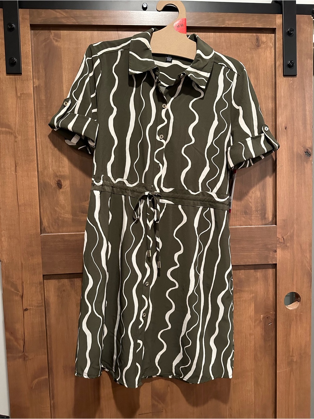 Olive Green Wavy Stripe Shirt Dress - Casual Button-Front size medium